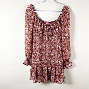 Riley Floral Smocked Puff Long Sleeve Mini Dress Sheer Fairy Size M Milkmaid